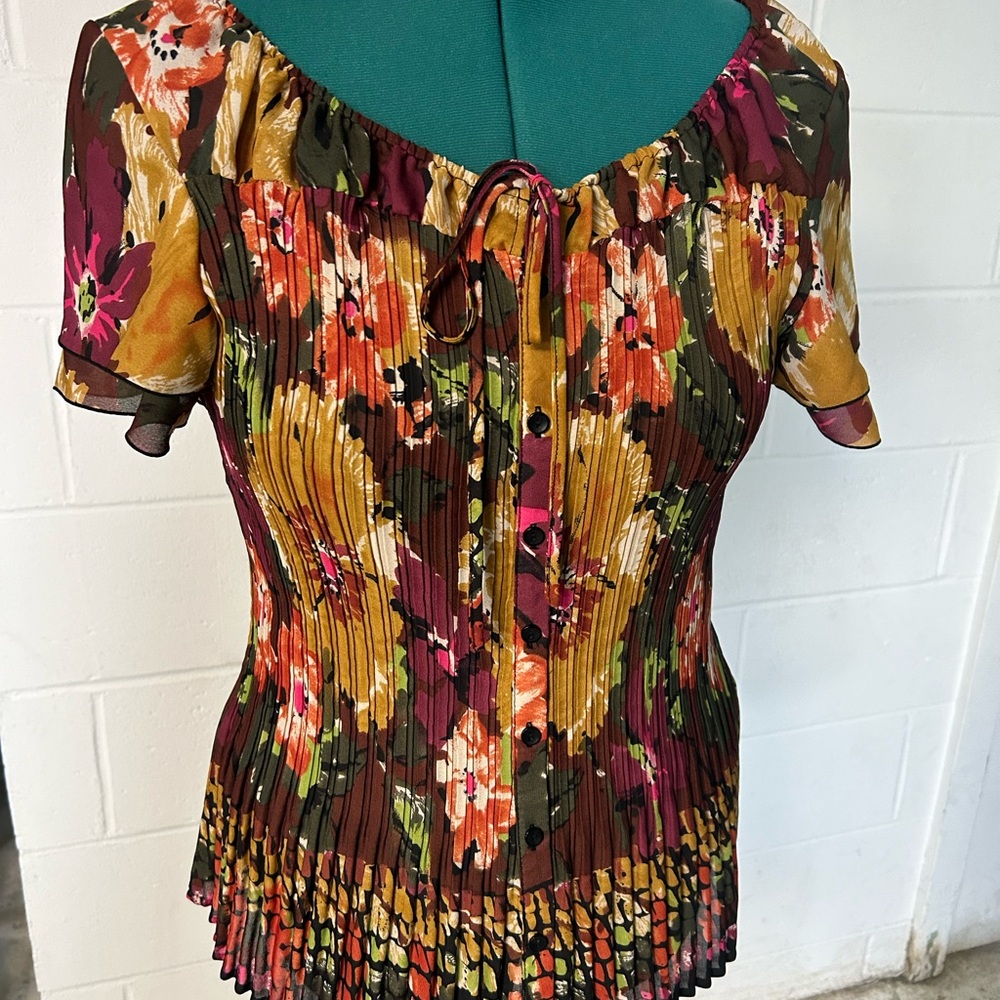 dressbarn Floral Pleated Button-Front Top in Mustard, Burgundy Olive women’s 1X